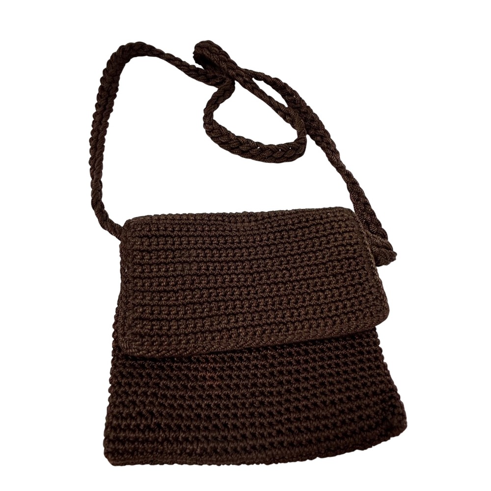 The Sak Brown Crochet Crossbody Bag Mini Flap Braided Strap Boho Vintage